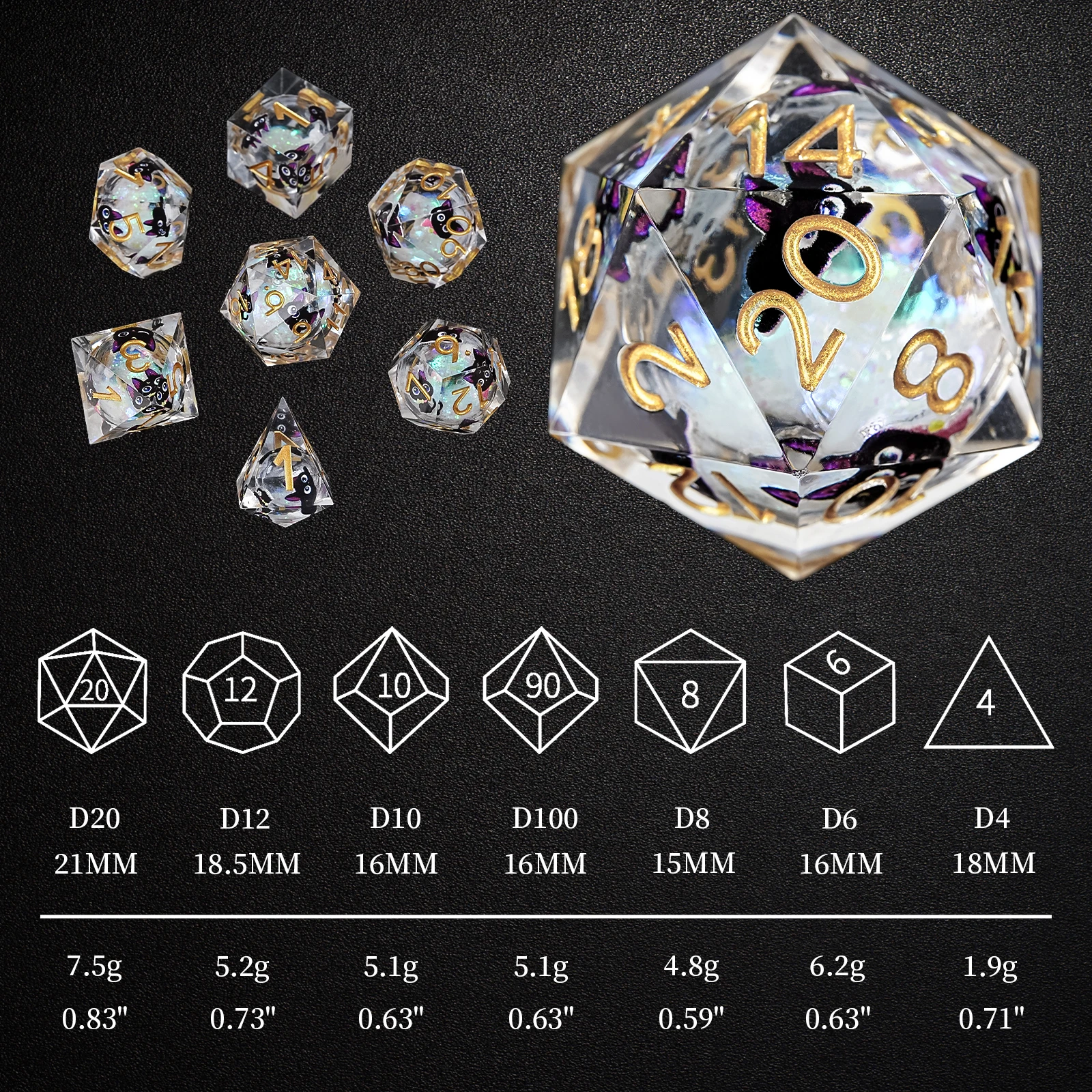 1-7 قطعة DND واضح سريع الرمال الراتنج النرد الأسود القط هريرة مجموعة نرد متعددة الوجهين نرد متعدد السطوح ل D & D COC دور RPG لعبة الطاولة