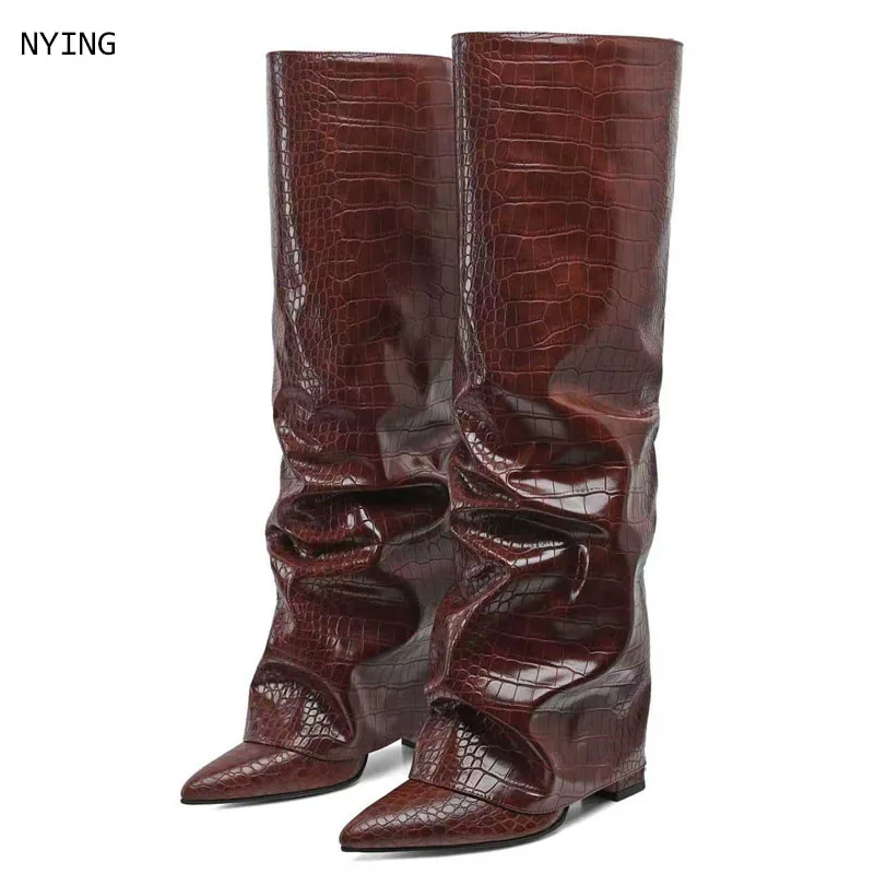 

Women's Pleated Thick High-heeled Long Boots Pointed Toe Fashion Knee Length Oversized Women's Boots 43