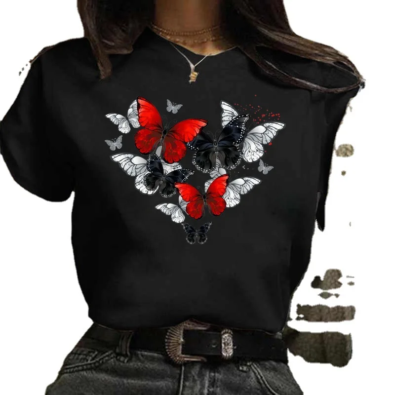 Cotton 100% Summer Burst Cute Cartoon Butterfly Trend Letter Print Top T-shirt Woman Tops  Oversized T Shirt  Aesthetic Clothes