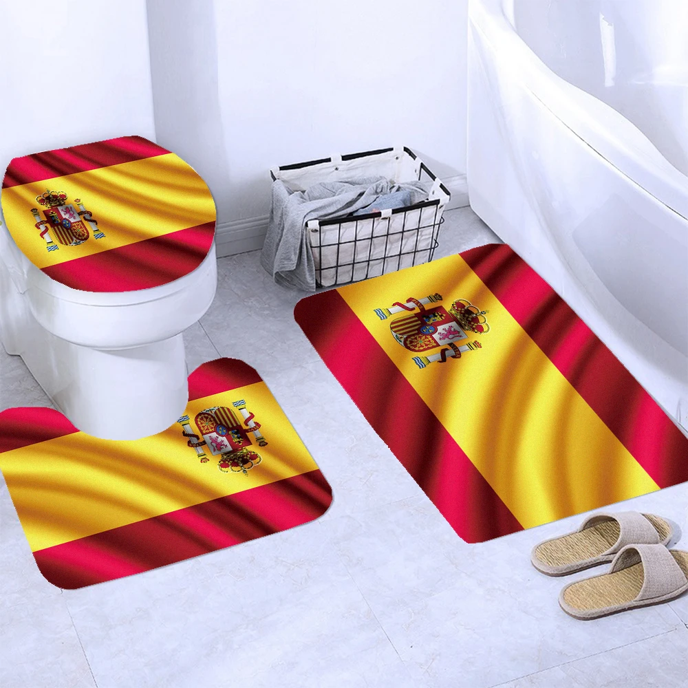 Spanish Flag 3D Shower Curtain Flag of Spain Printed Bathroom Curtains Set Non-Slip Rugs Toilet Lid Cover Mat Carpet Home Decor