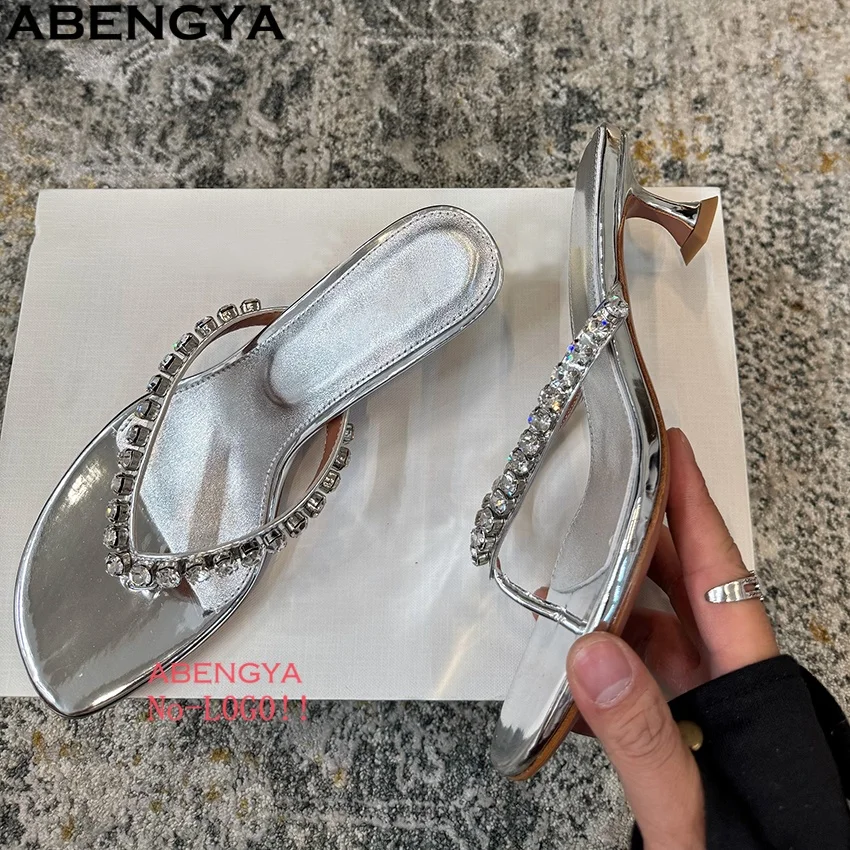 

Summer Flipflops Kitten Heels Crystal Slippers Women Leather Slides Open Toe Dress Shoes For Woman Slippers