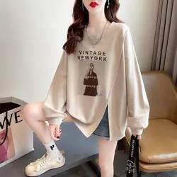 Fashion O-Neck Printed Casual Letter T-Shirt Female Clothing 2023 Autumn New Oversized Commute Pullover All-match Tee Shirt