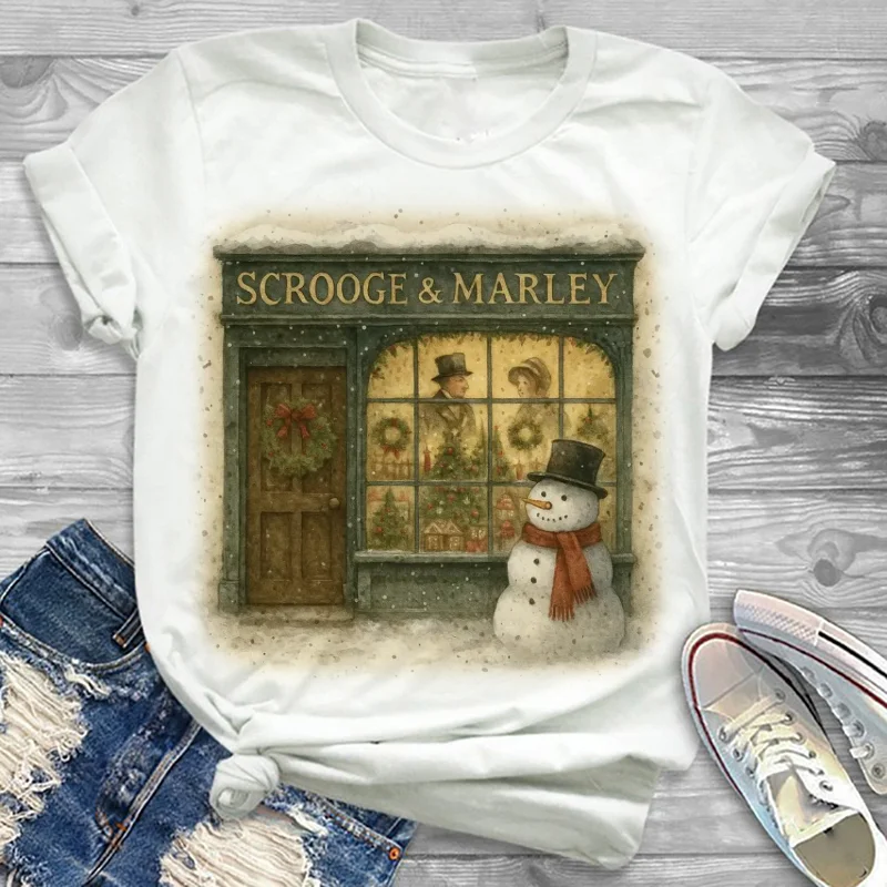 الكرتون البخيل ومارلي متجر ثلج نمط لطيف عيد الميلاد المرأة العصرية تي شيرت نمط غير رسمي س الرقبة قصيرة الأكمام تي شيرت أبيض #1