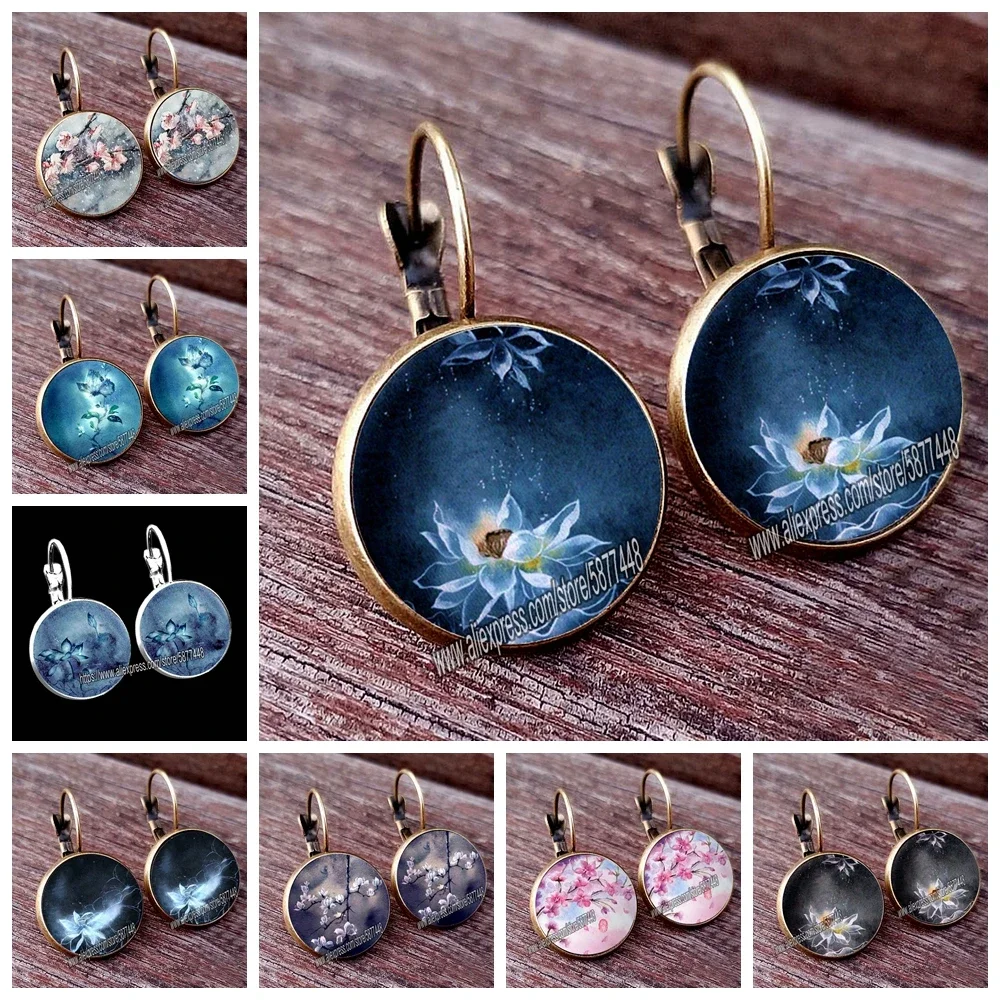 Retro Handmade Lotus Fower Women Pattern Glass Cabochon Stud Earring Blossom Flower Earring for Woman and Girl