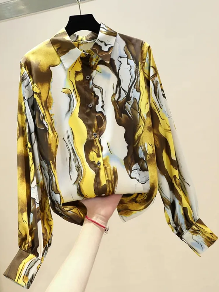 Autumn Winter New Fashion Western Style Loose Wild Abstract Ink Painting Printed Satin Blouse Women Long-Sleeved Shirt Top UK348