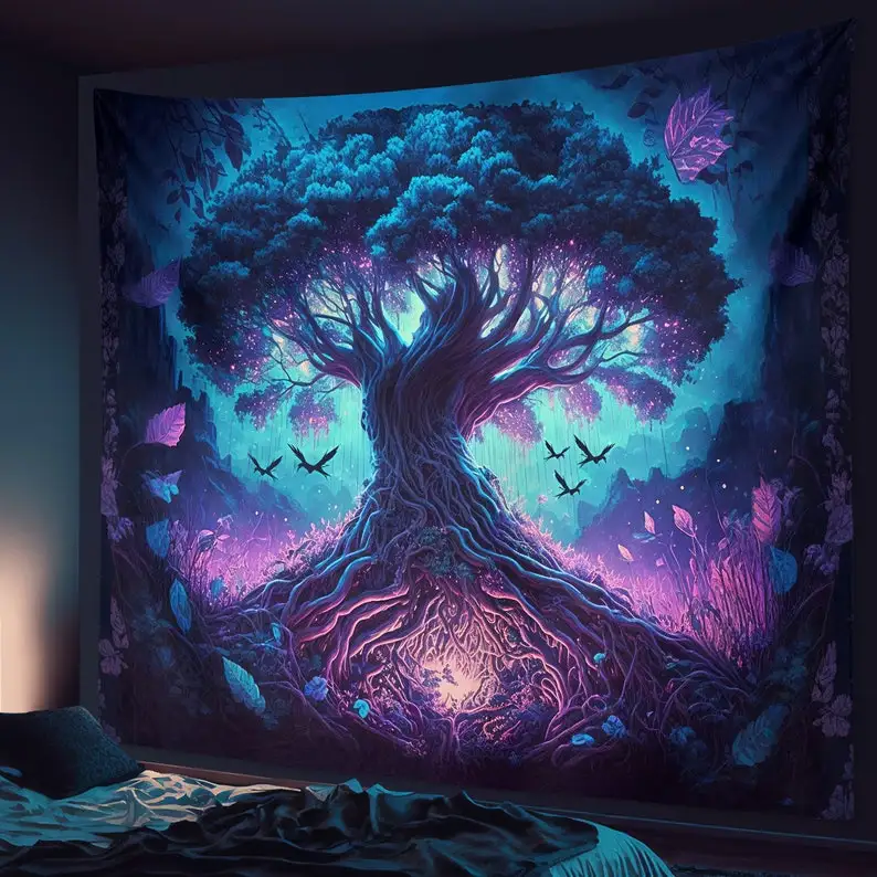 Mystical Tree Wall Tapestry Cosmic Forest Art Boho Bedroom Decor Fantasy Nature Print Dreamy Home Decor