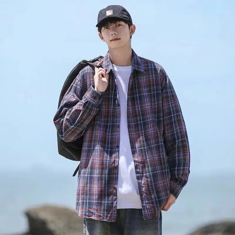 

Мужская рубашка в клетку, повседневная, в стиле ретро, из высококачественного чистого хлопка, молодежная, модная, для весенне-осеннего сезона