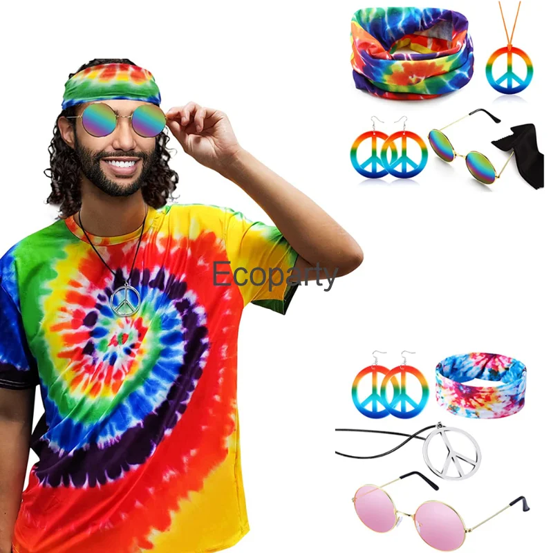 Neues Hippie-Kostüm für Männer Momen 60er 70er Jahre buntes Tie-Dye-T-Shirt mit Brille Halskette Schal Ohrring Set Hip Hop Party Dress Up