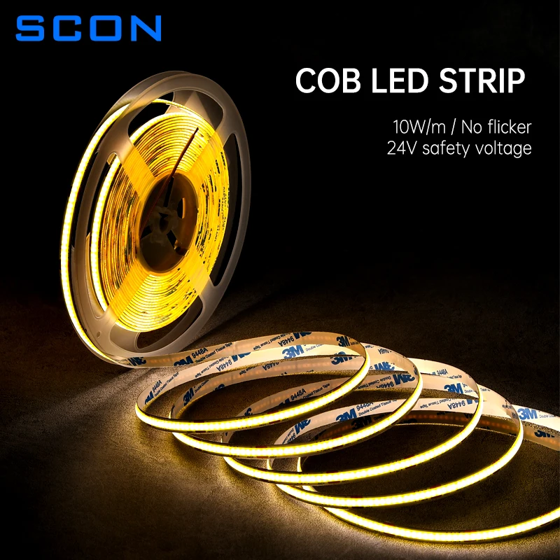 SCON COB LED Strip Light Ceiling Wall Decoration Flexible Rope COB LED Strip Lights 336 LEDs/m DC24V 2pin Wire Cut Short Freely