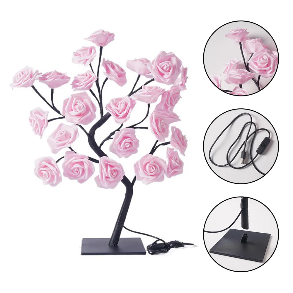 24 LED Rose Flower Tree Table Lamp USB Novelty Desk Lamp Soft Light Rose Fairy Light for Christmas Wedding Bedroom Decoration