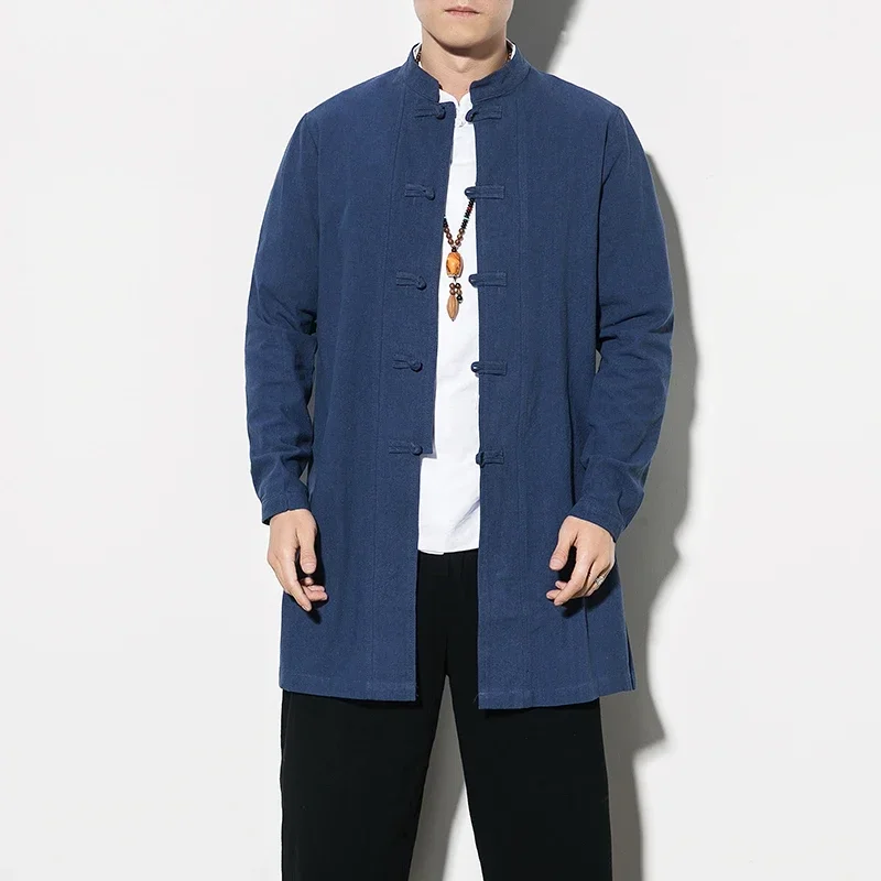 LIBIELIY Men's Chinese Style Long Shirts Tang Suit Tops Cotton Linen Solid Color Kung Fu Shirts Men Traditional Hanfu Shirt Plus