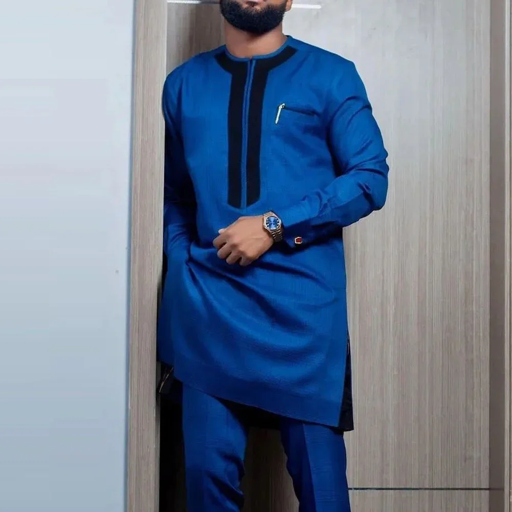 2023 New In Wedding Party Men\'s 2-Piece Suit Solid Color Stitching Solid Color and Pants Set African Ethnic Style Men\'s Clothing