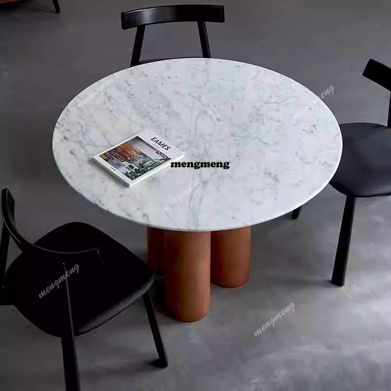 

Imported natural marble medium white solid wood round dining table and chair combination villa home