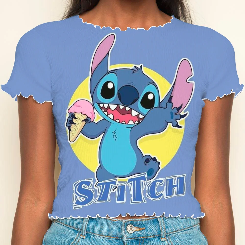 T-shirts Stitch Short Sleeve Lettuce Trim Disney T-shirt Crop Tops Sexys Summer Clothes Women 2024 Woman Clothing Y2k Top Disney