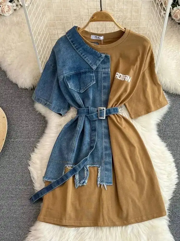 

Women Summer Casual T Shirt Short Sleeve Streetwear Patchwork Denim Long Shirts Female O-neck Slim Jeans Tops