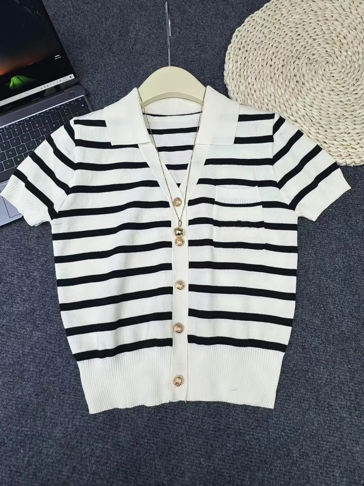 2025 verão listrado camisola de malha cardigan feminino manga curta único breasted malhas topos moda vintage casual solto jumpers
