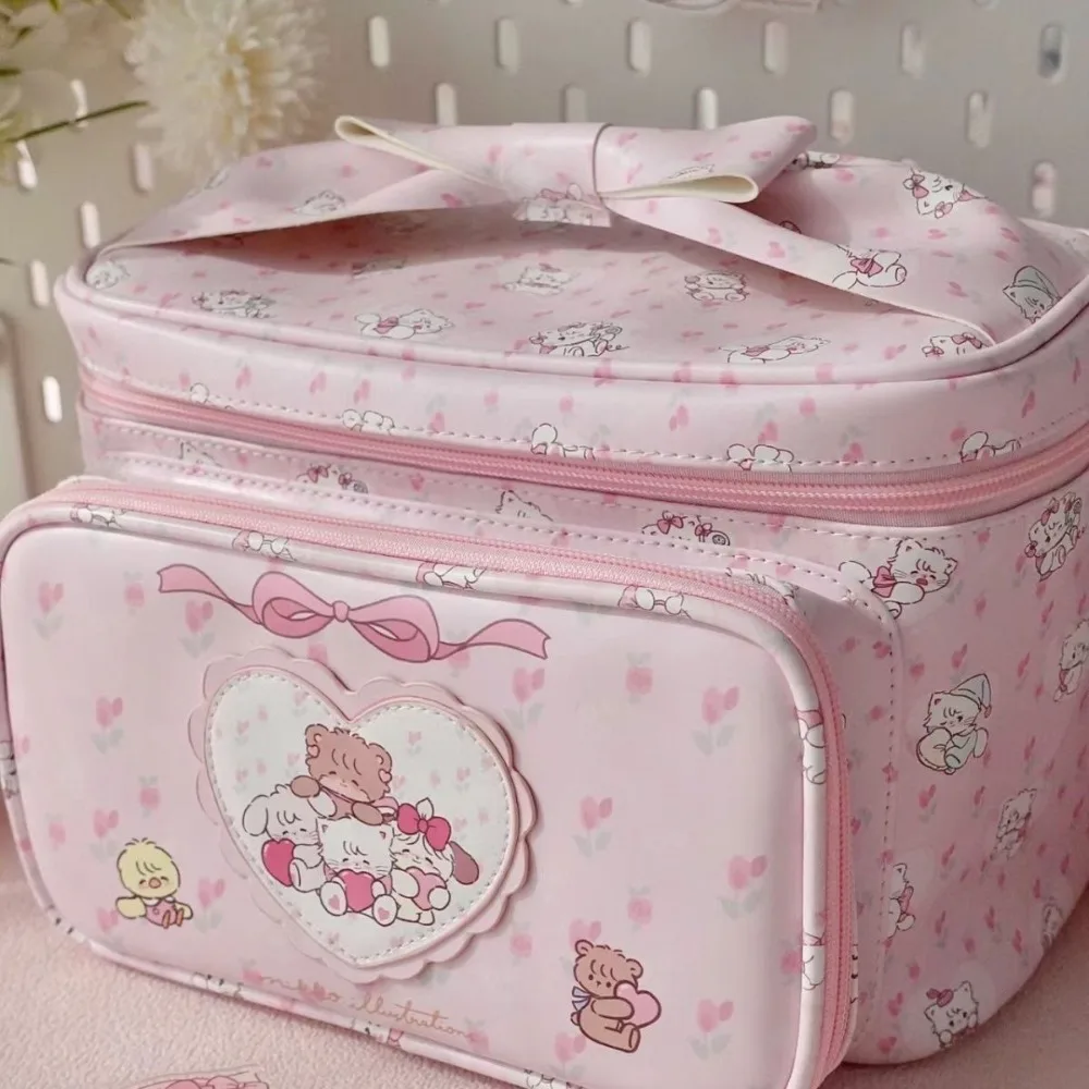 Square Shape Large Capacity Handbag Cute PU Portable Handheld Toiletries Bag Cartoon Print Storage Bag