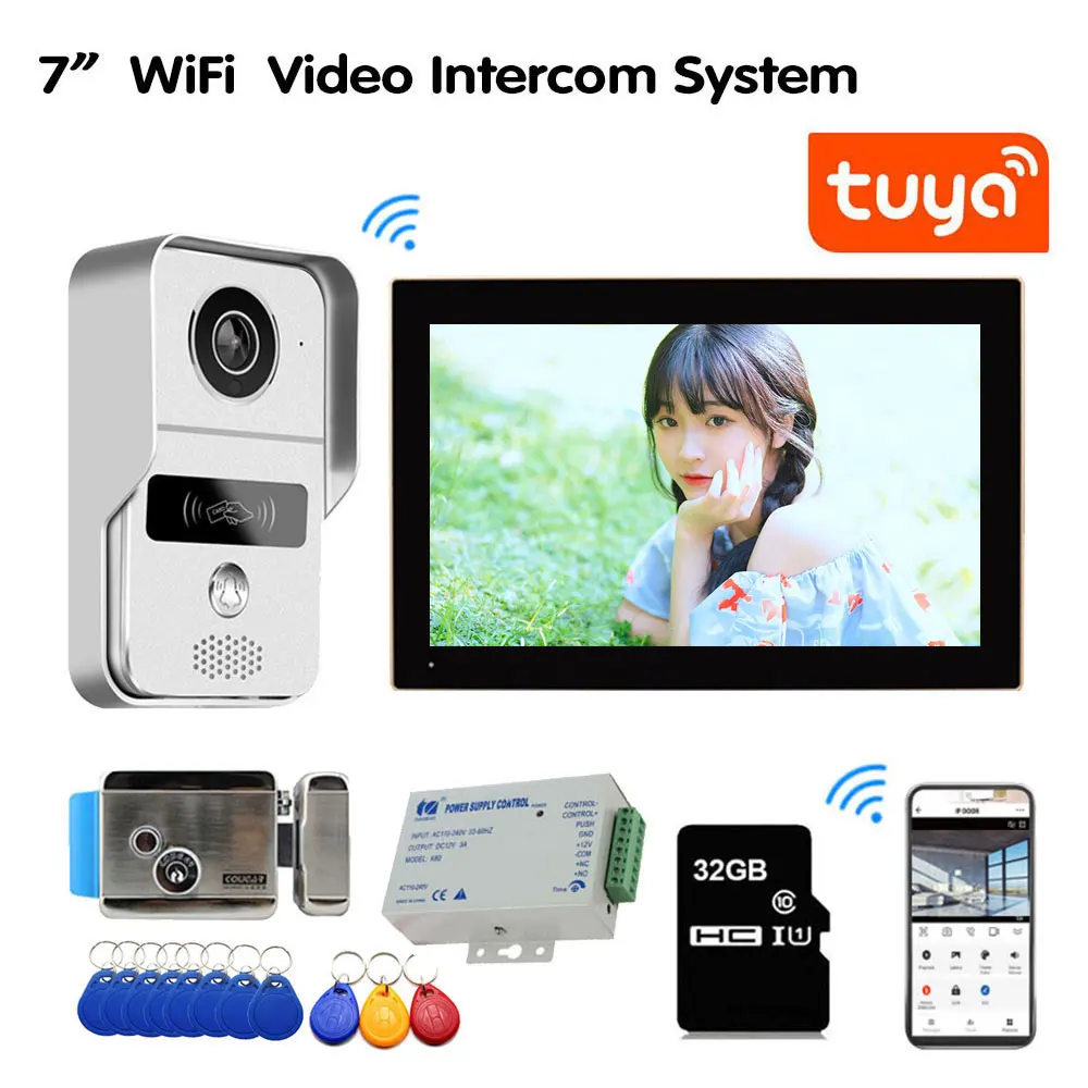 Tuya Wifi 7 inch Video Door Phone Intercom Entry System 1 Monitor+1 RFID Access HD Camera+Electric Magnetic Lock Access Control