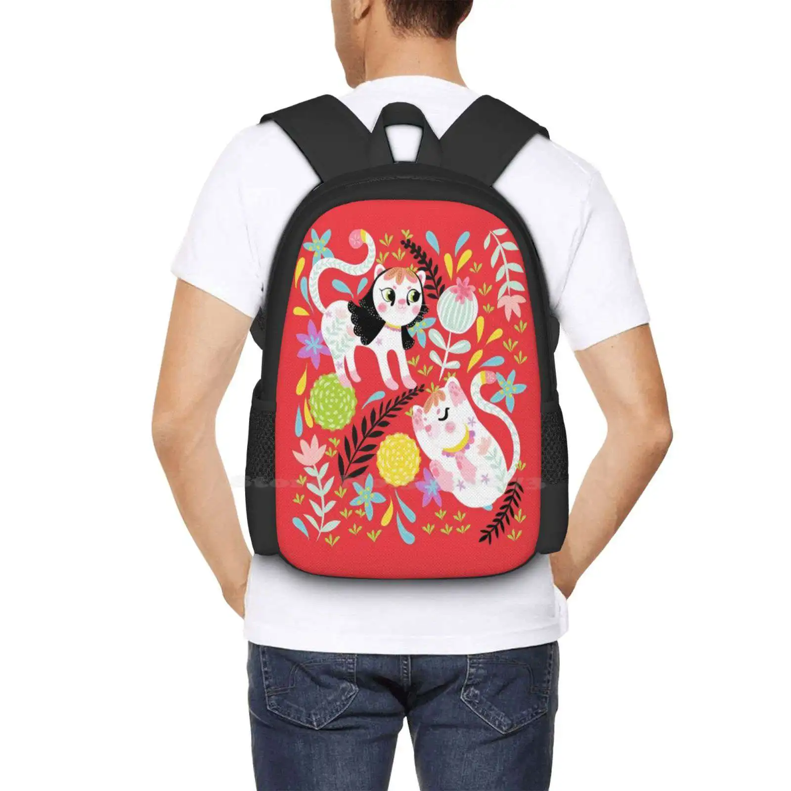 My Little White Cat en rojo, mochila de moda, bolsas de gato blanco, gatito lindo, flores florales, patrón rojo para niños, gran oferta