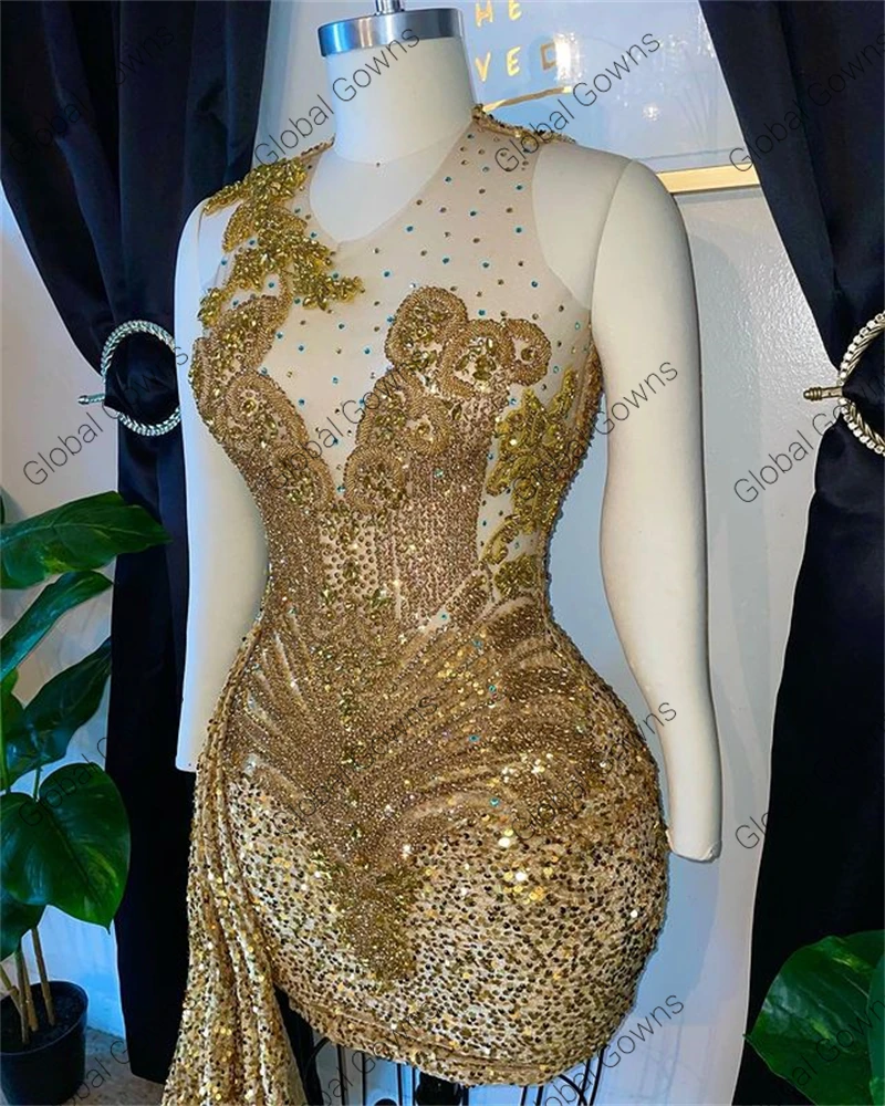 Sexy Gold Beaded Crystal Short Prom Dress 2024 For Black Girls Sequined Birthday Party Dress Mini Cocktail Homecoming Customized image 3