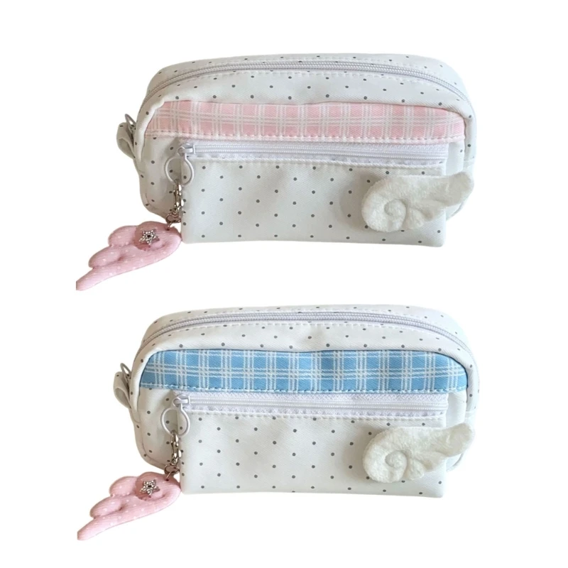 Dotted Pencil Case with Wing-Shaped Applique, Checkered Accent Panel, Zippered Closures Fabric Pencil Bag for Student X3UB