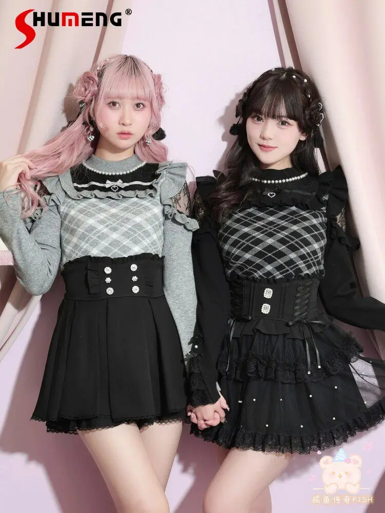 

Japanese Style Mass-produced Beaded Round neck Lace Splicing Long-sleeve Bow Sweet Lolita Plaid Knitted Pullover Sweater Women