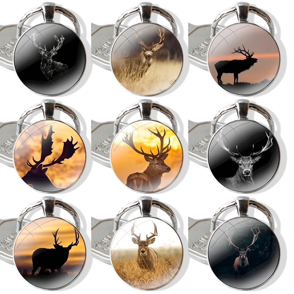 Deer Hunting Camo Glass Metal Pendant Key Chain Classic Men Women Key Ring Accessories Jewelry Gifts