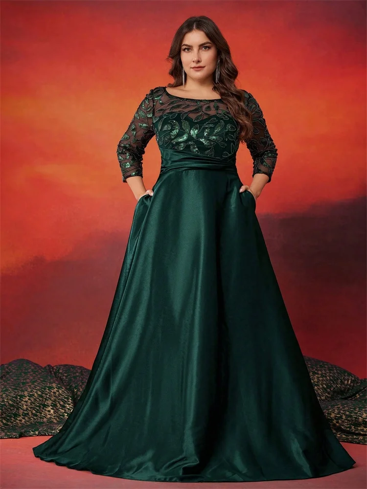 

Plus Size O-neck Elegant Green Sequins Evening Dress 2025 Luxury Long sleeve Women Satin Party Prom Maxi Cocktail Gowns