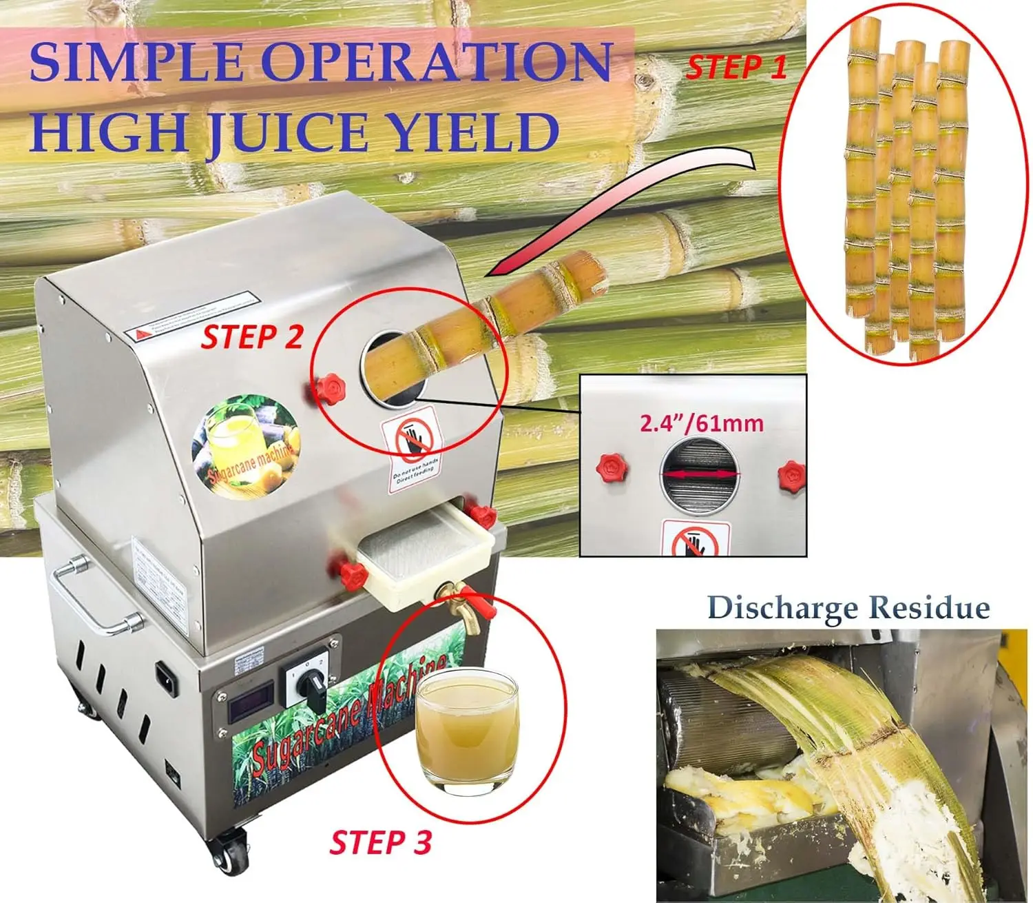 عصارة قصب السكر الكهربائية 24 فولت تيار مستمر/110 فولت تيار متردد، عصارة عصير من الفولاذ المقاوم للصدأ ذات 3 أسطوانات، آلة استخراج قصب السكر للمنزل