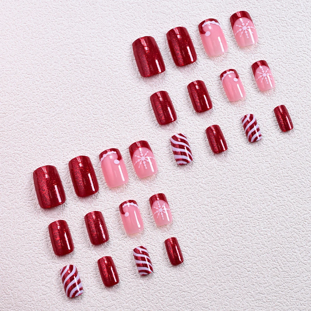 24個入り サンタ帽子 雪の結晶 プレスオンネイル グリッター クリスマス レッド スクエア フレンチチップ ストライプ フェイクネイル ホリデー フルカバーネイル T