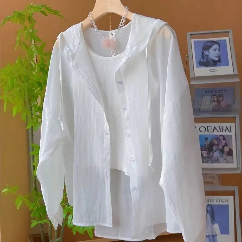Sunscreen Clothes for Women Fashion Simplicity Solid Color Summer Buttons Long Sleeve Hooded Sweatshirts Single Piece Tops