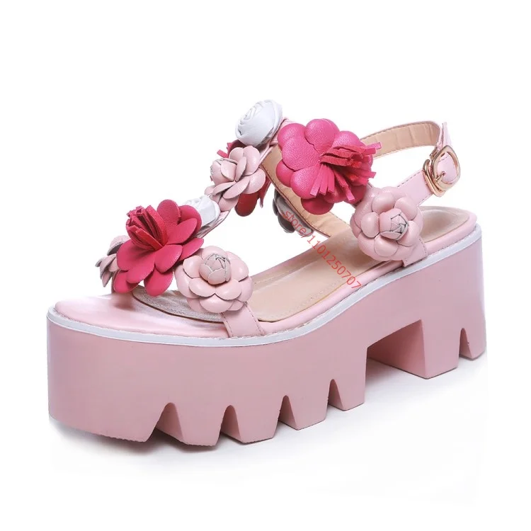 Zoete Roze Plateausandalen Dikke Onderkant Bloem Hoge Hak Pumps Romeinse Wiggen T Band Peep Toe Sandali Donna Eleganti