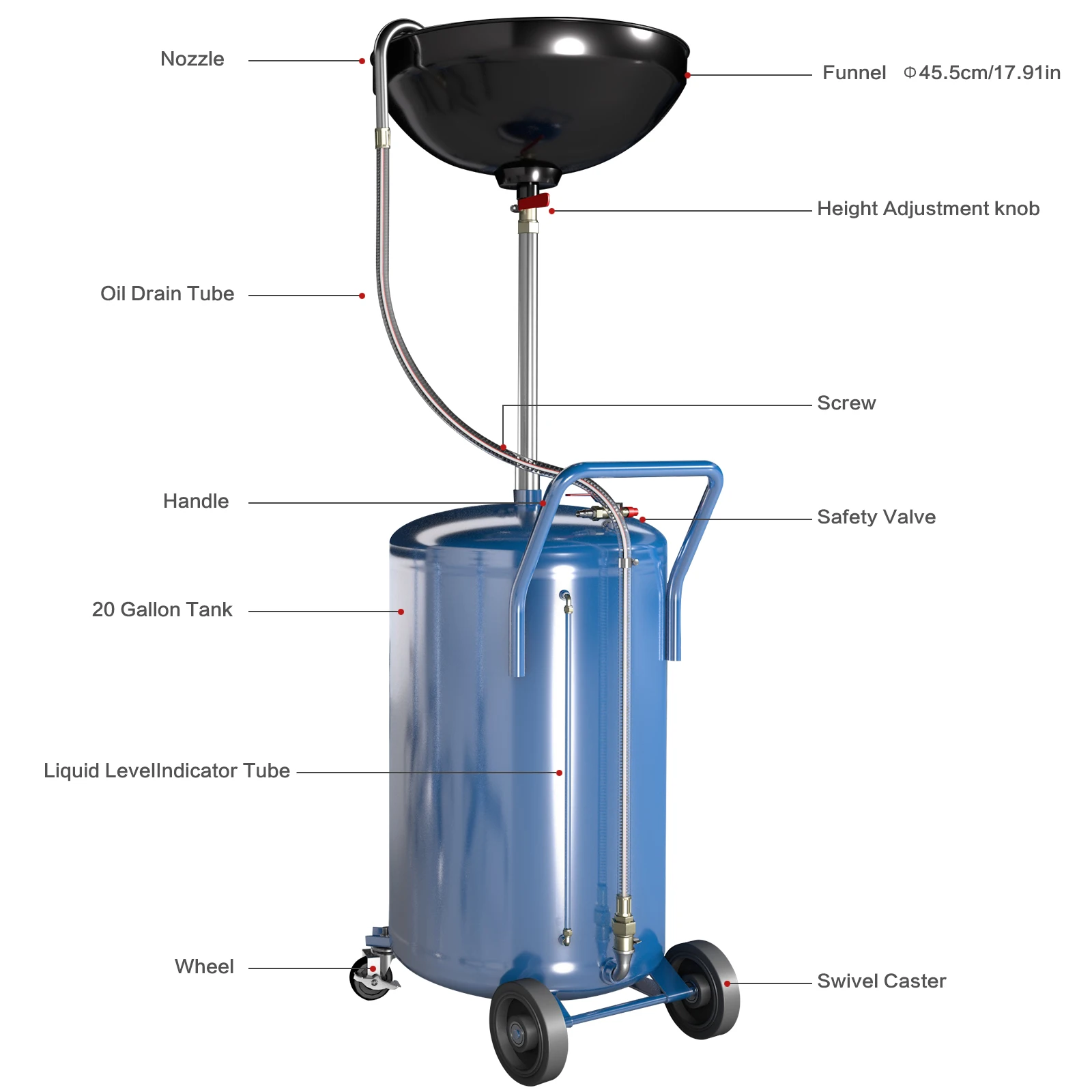 20 Gallon Waste Oil Drain Tank with Wheels,Oil Drain Container with Adjustable Funnel Height,for Easy Oil Removal,Blue