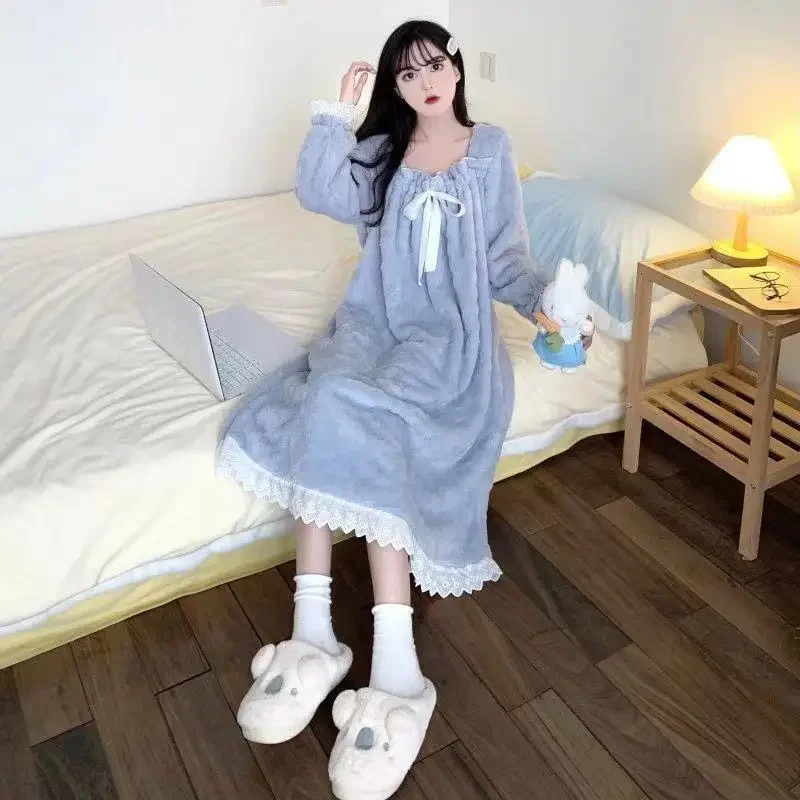 Fleece Women Nightgown Korean Winter Sleepwear Bow Night Dress Lace One Piece Pajamas Solid Warm Knee Length Warm Home Wear New