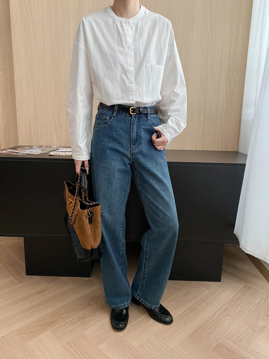 Women Denim Pant Jeans Long Pants Vintage High Waist Straight Trousers Y2k Streetwear Elegant Splice Work Casual Autumn Winter
