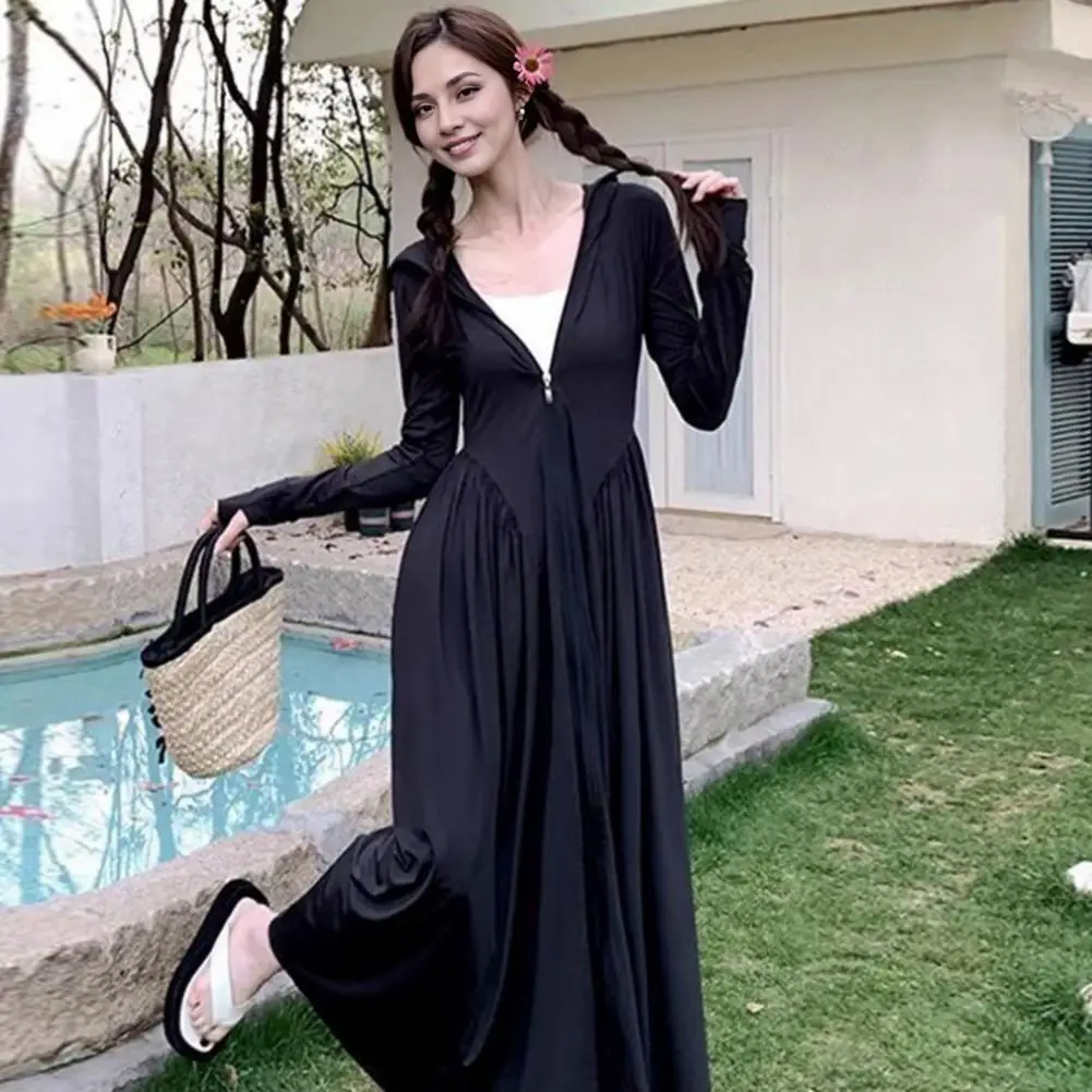 سترة نسائية صيفية للحماية من الشمس معطف بقلنسوة لتبريد الجسم بالكامل ملابس واقية من الشمس بأكمام طويلة ملابس سباحة لتغطية فستان الشاطئ #1