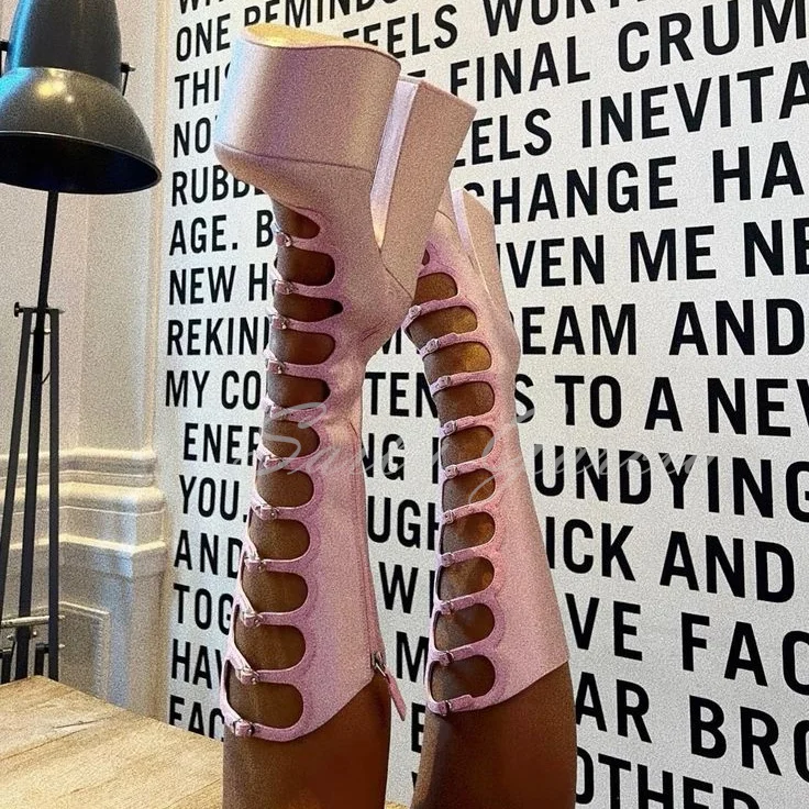 Pink Stain Chunky Heel Platform Boot Round Toe Y2K Punk Style Sweet Girl Leather Buckle Thick Heel Cool Boots Can Be Customized