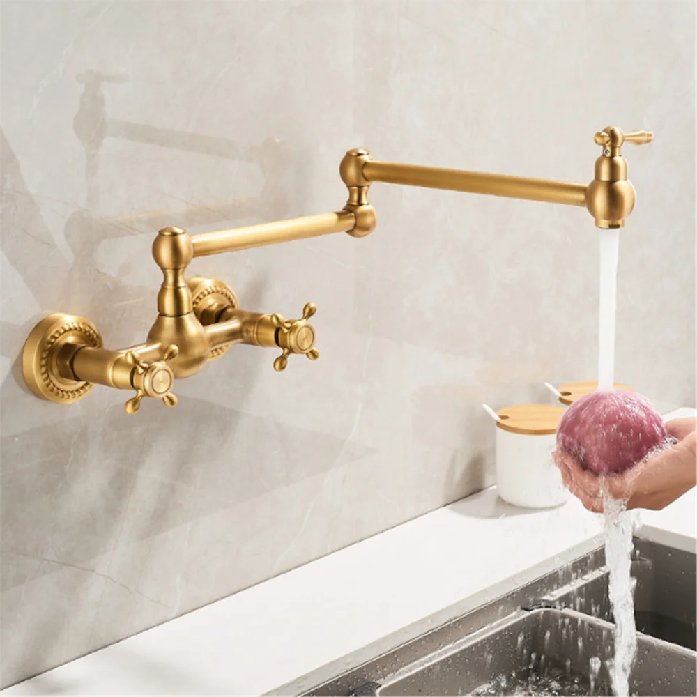 Gold Pot Filler Tap Wall Mounted Foldable Antique Kitchen Faucet Hot Cold  Sink Tap Rotate Folding Spout Brushed Gold Brass
