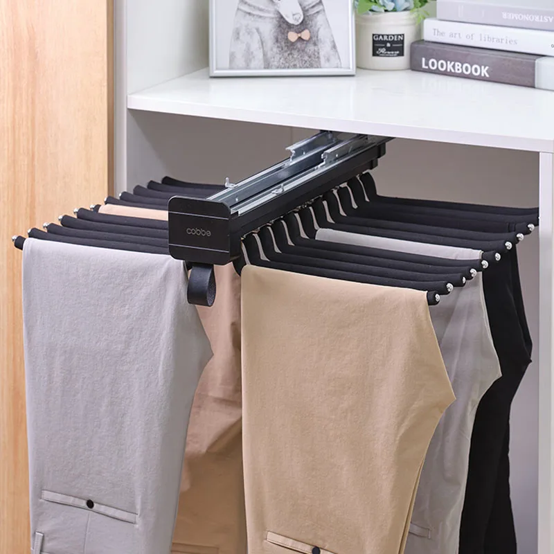 

Clothes Organizer Trousers Rack Top Install/Side Install Telescopic Pants Rack Push-pull Damping Double-row Cabinet Pant Racks