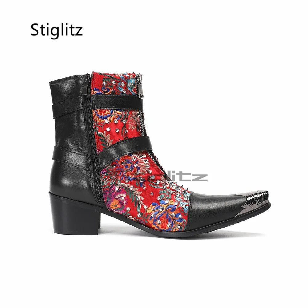 Flowers Embroidery Rivets Chelsea Boots Men High Heels Genuine Leather Patchwork Double Buckle Ankle Boots Metal Toe Male Shoes