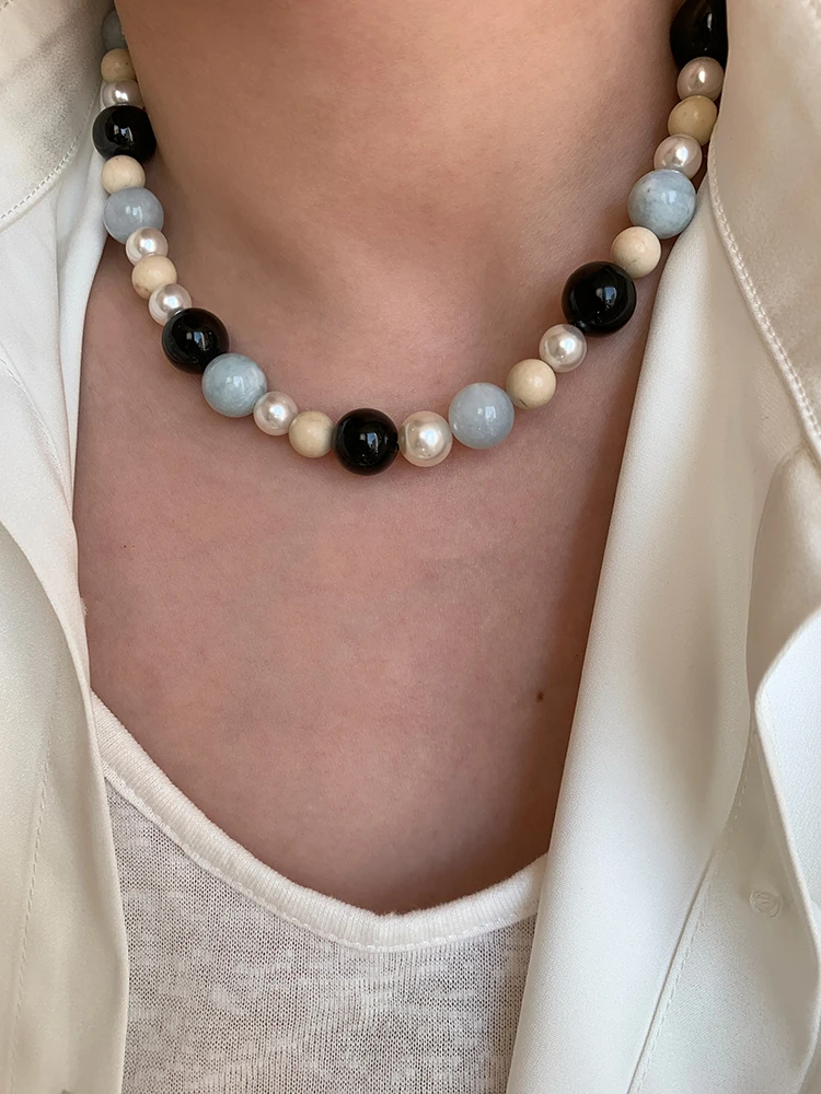 Französische Halskette mit Natursteinperlen im Retro-Stil, übertriebene Schlüsselbeinkette für Damen im Jahr 2025, luxuriöses Schmuckzubehör – Detail 6