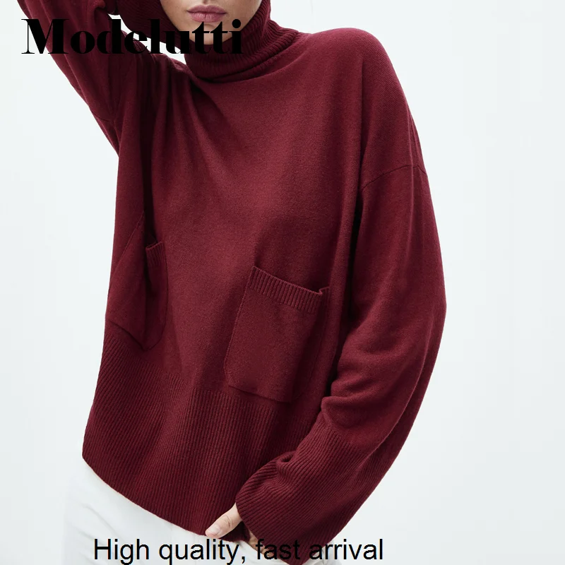 New Spring 2023 Autumn Fashion Turtleneck Knitted Sweater Solid Color Pullovers Pocket Simple Femme Casual Top Women