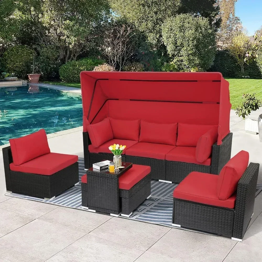

For Patio Furniture Sets Daybed with Retractable Canopy,7 Pieces Outdoor Rattan Sectional Sofa Set, Wicker Patio Seating Chairs