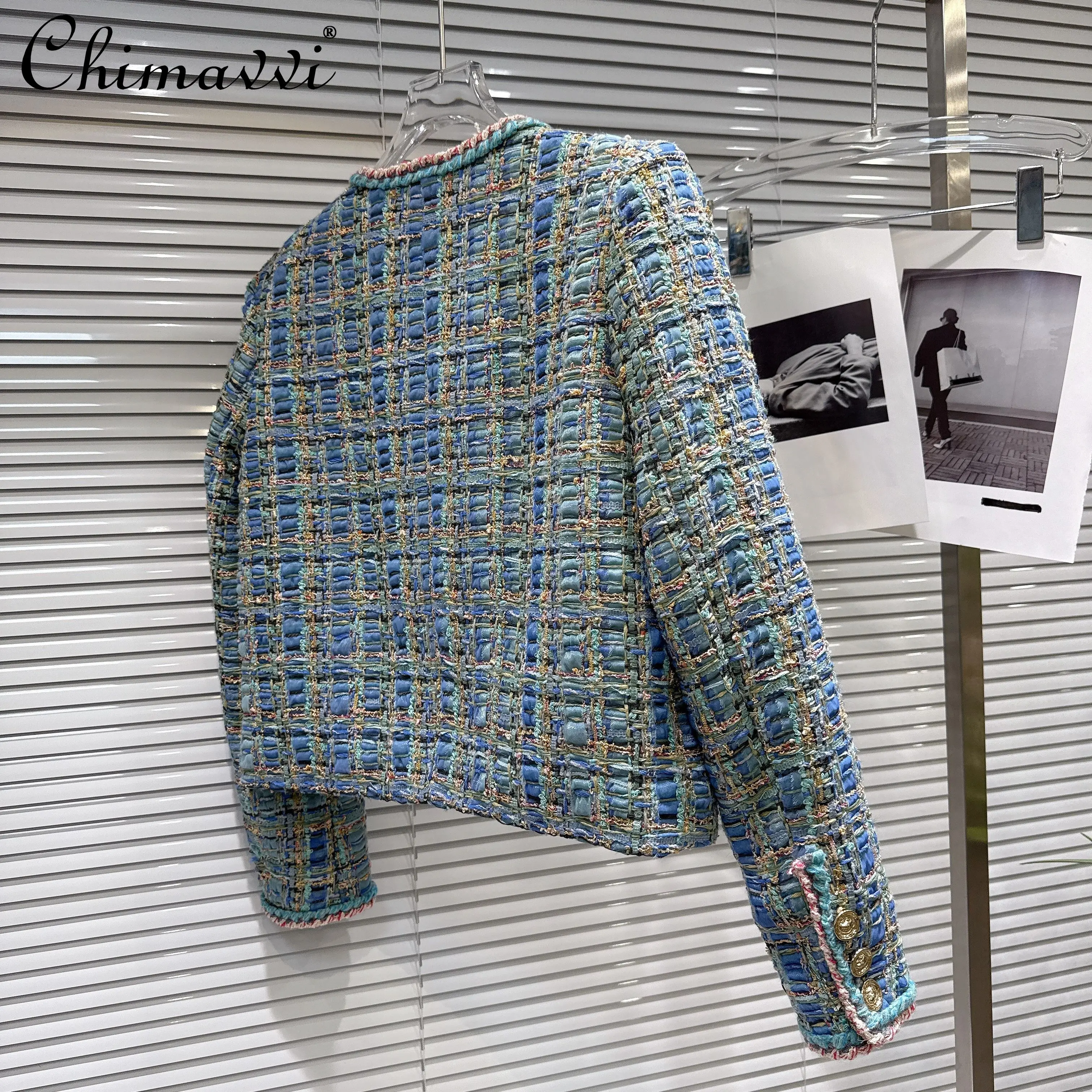 

French Elegant Socialite Down Coats Round Neck Long Sleeve Single Breasted Diamond Brooch Tweed Short Jackets for Women Autumn