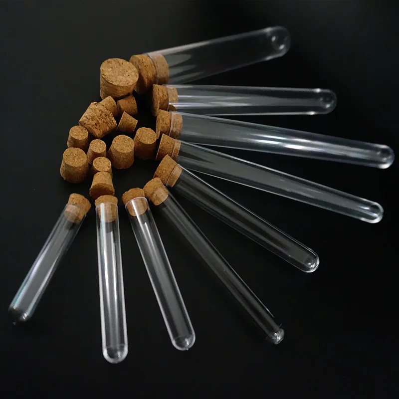 Dia 12mm To 25mm Length 60mm To 180mm Rigid Plastic Test Tube With Cork Stopper Round Bottom Container For School Laboratory