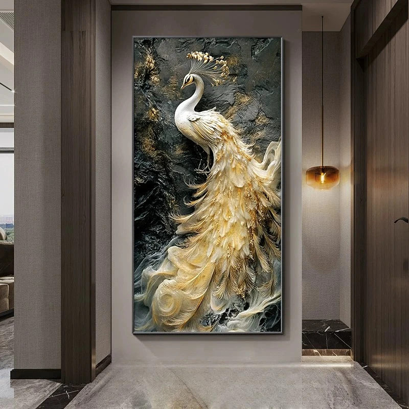 Luxury Peacock Crystal Porcelain Art 3D Embossed Relief Decorative Painting High End Entrance Hanging Painting Wall Decoration