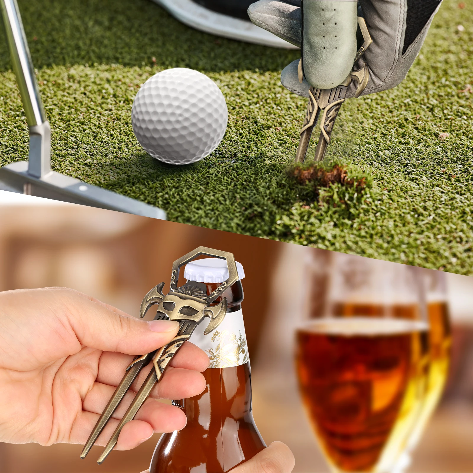 LKKCHER 2-in-1 Golf Divot Repair Tool Beer Bottle Opener Creative Golf Green Fork Corkscrew Best Beer Gifts Set for Golfers Men