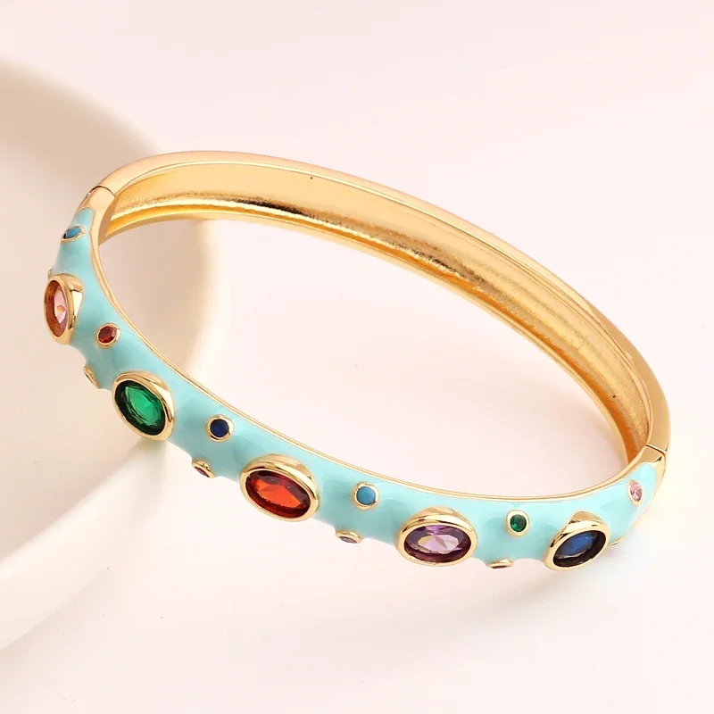 New Fashion 18k Gold Plated 5A Cubic Zirconia Bracelet For Women 7 Colors Candy Colorful Neon Enamel Rainbow CZ Bangle Gifts