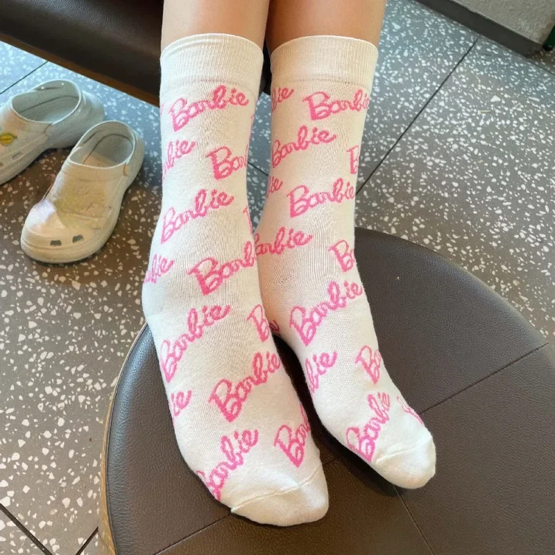 MINISO Barbie American Cotton Socks INS Fashion Trend Black and White Full Print Barbie Pink Alphabet Socks Sweet Girl Versatile images - 6