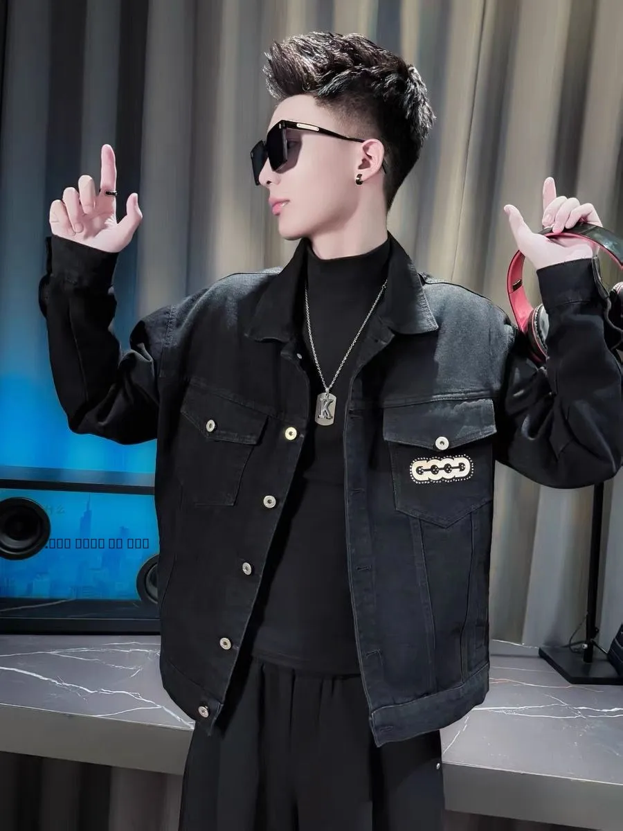 

Мужская джинсовая куртка в стиле ретро со стразами и буквенным принтом, повседневное модное ветрозащитное пальто для повседневной носки